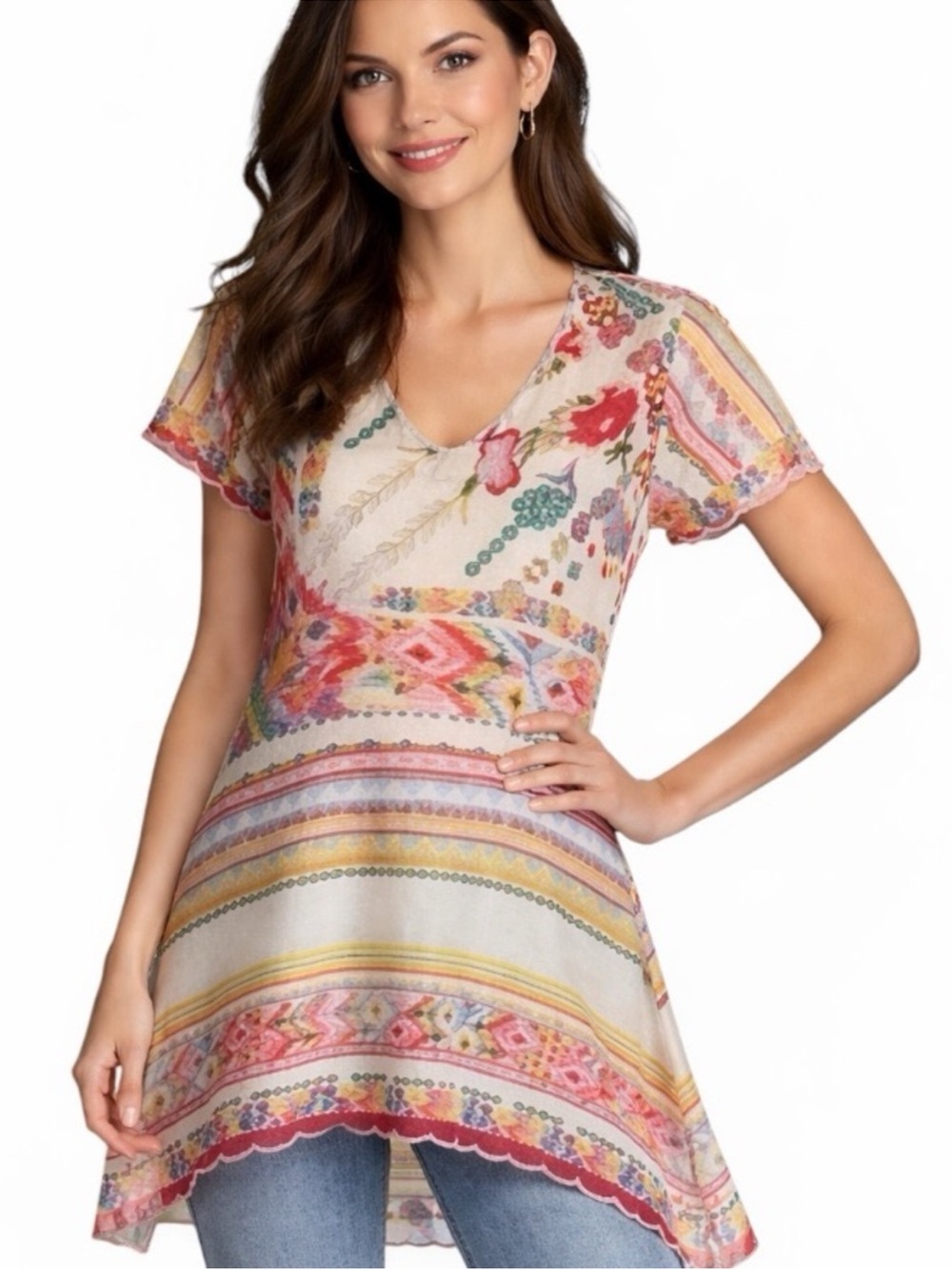 Johnny Was Tulum Tunic Silk Scallop Hem Geometric Floral
Short Sleeve XS
